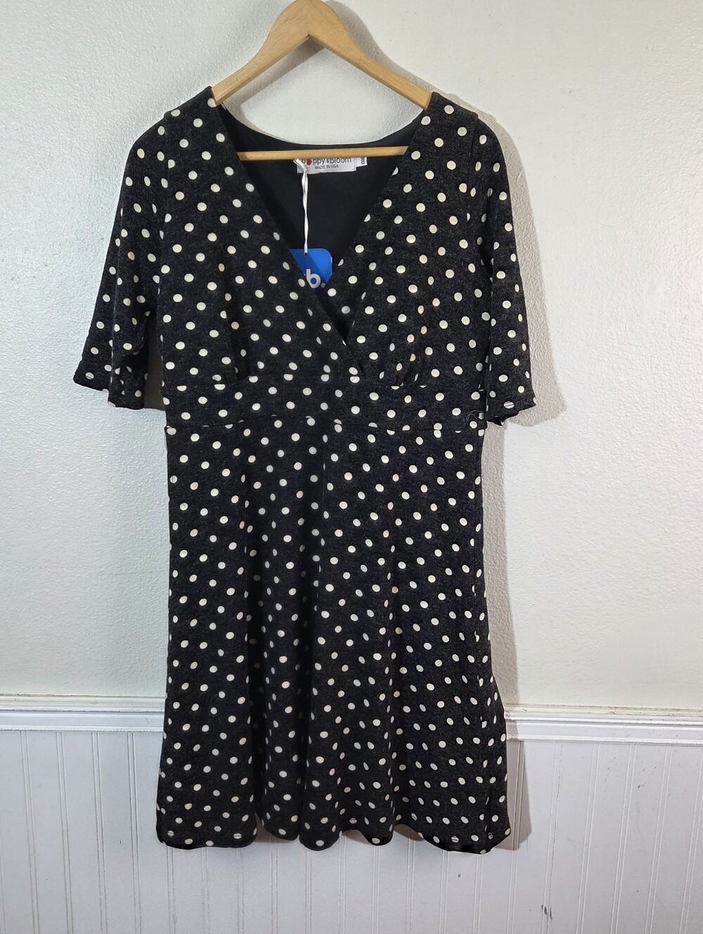 Poppy & Bloom Polka Dot Wrap Dress Made USA Black White Fit Flare 0X NWT